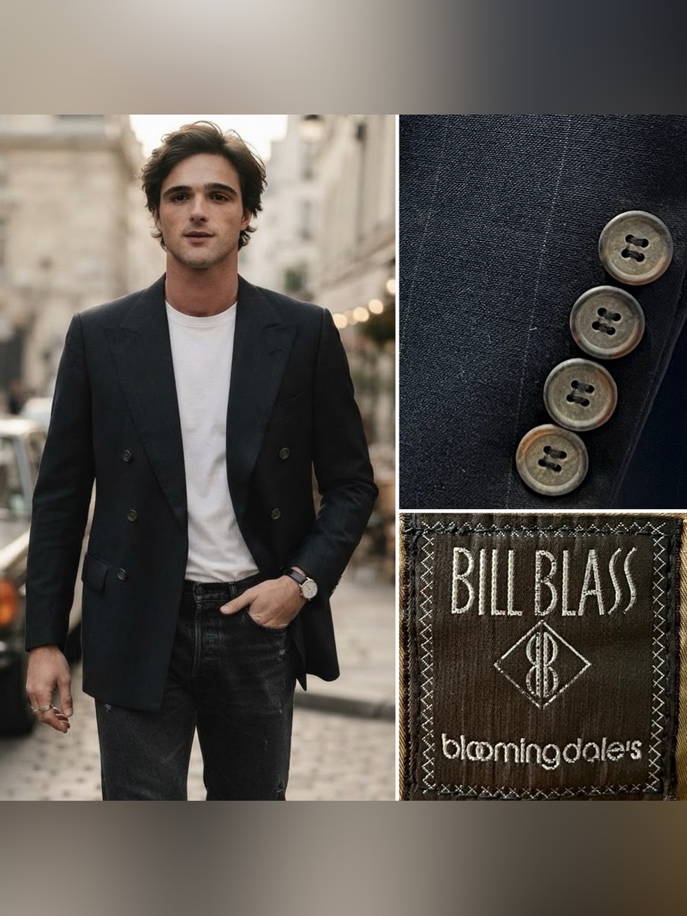 Bill Blass Vintage USA Men's 38R Navy Pinstripe Double Breasted Blazer Jacket
